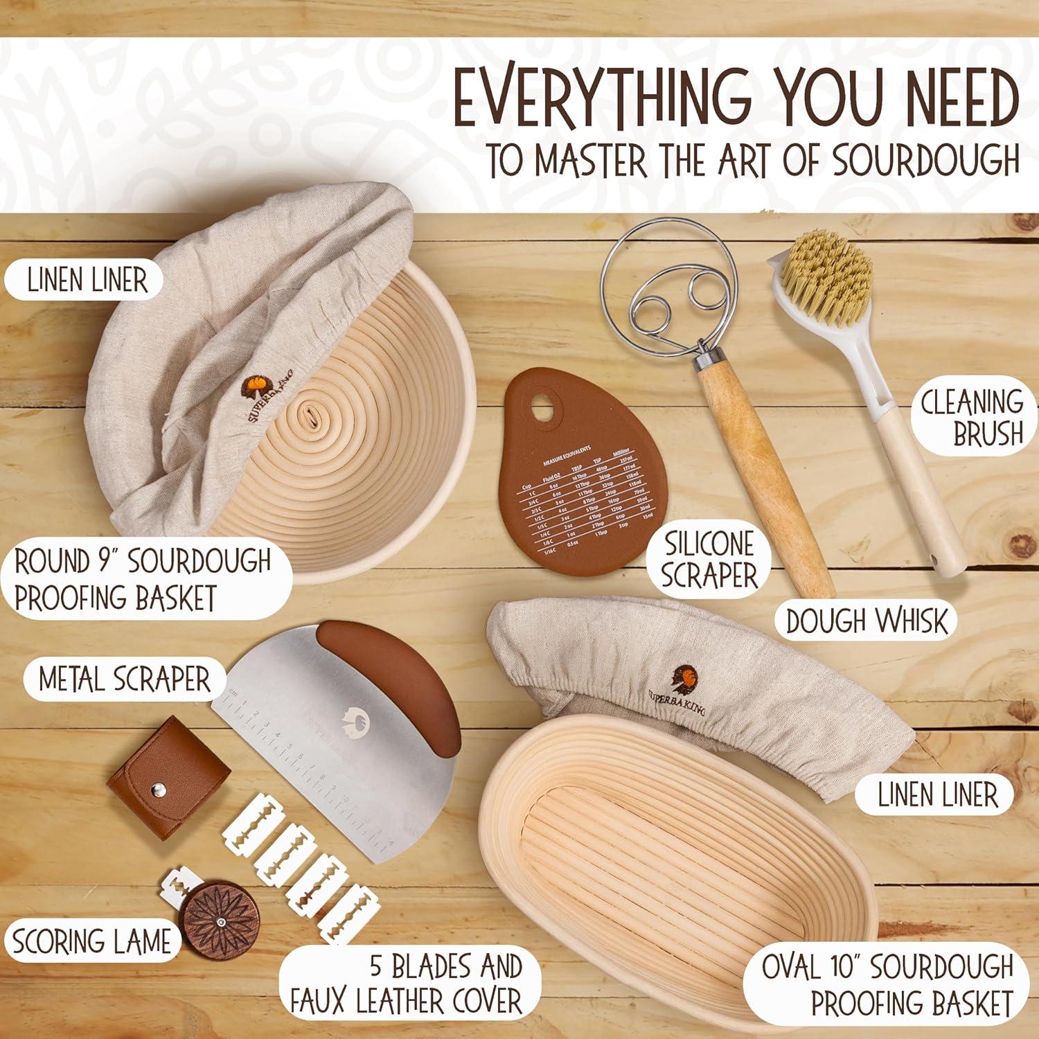 imageSuperbaking Banneton Bread Proofing Basket Sourdough Bread Baking Supplies Round 9 Inch Sourdough Starter Kit Proofing Basket for Baking Bread Making Supplies Tools Banneton Basket Gift SetRoundOval Gift Set