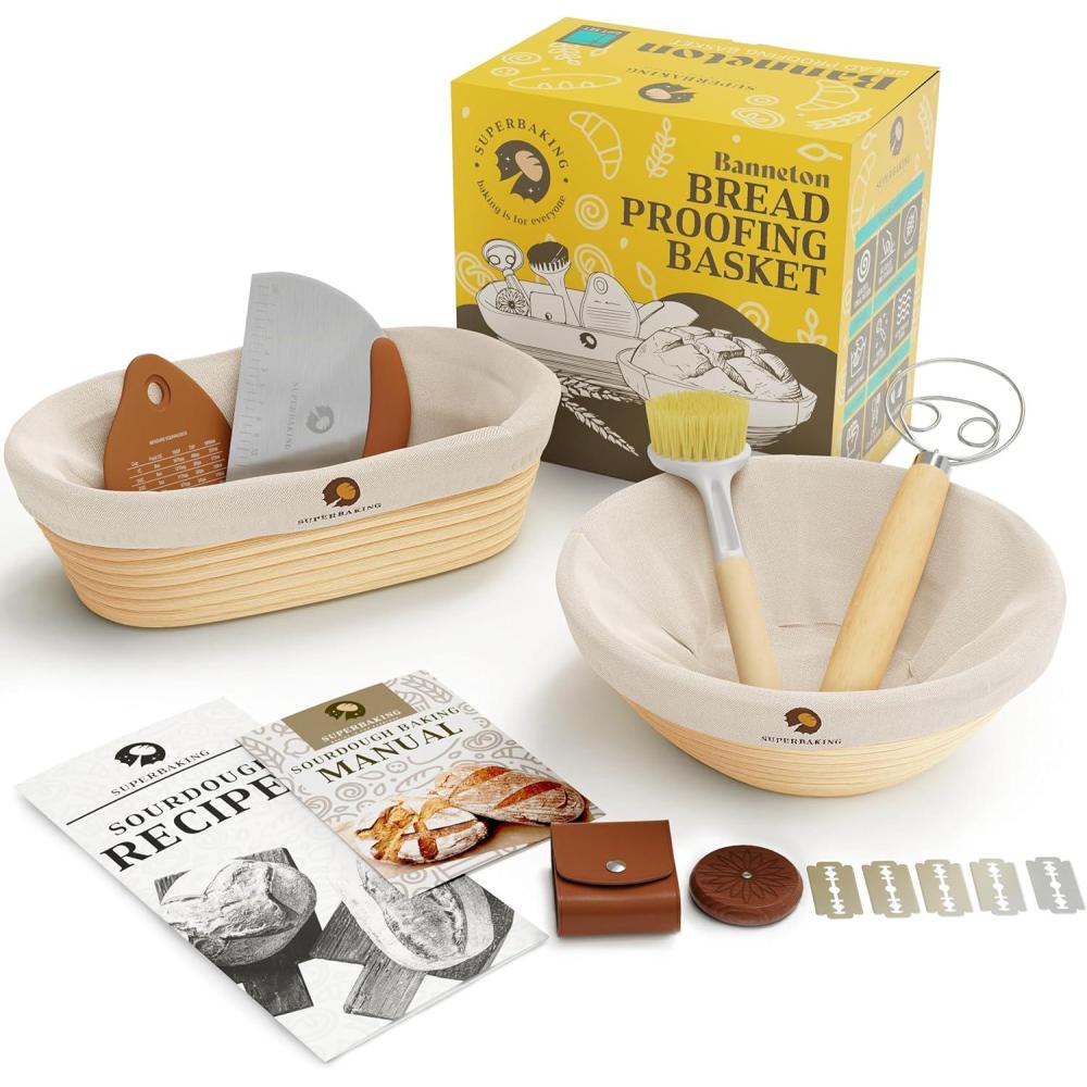 imageSuperbaking Banneton Bread Proofing Basket Sourdough Bread Baking Supplies Round 9 Inch Sourdough Starter Kit Proofing Basket for Baking Bread Making Supplies Tools Banneton Basket Gift SetRoundOval Gift Set