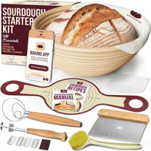 imageSuperbaking Sourdough Starter Kit 9quot SplinterFree Banneton Bread Proofing Basket Set with NonStick Silicone Dough Sling ampamp Glass Starter Jar Kit Sourdough Bread Baking Supplies Sourdough ToolsSet Of Bread Proofing Basket  Round Sling